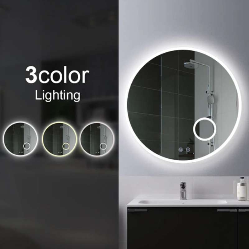900mm Round 3 Color Lighting Acrylic LED Mirror Touch Sensor Switch Defogger Pad Wall Mounted(Come with Magnifier) - Lighting on the rim